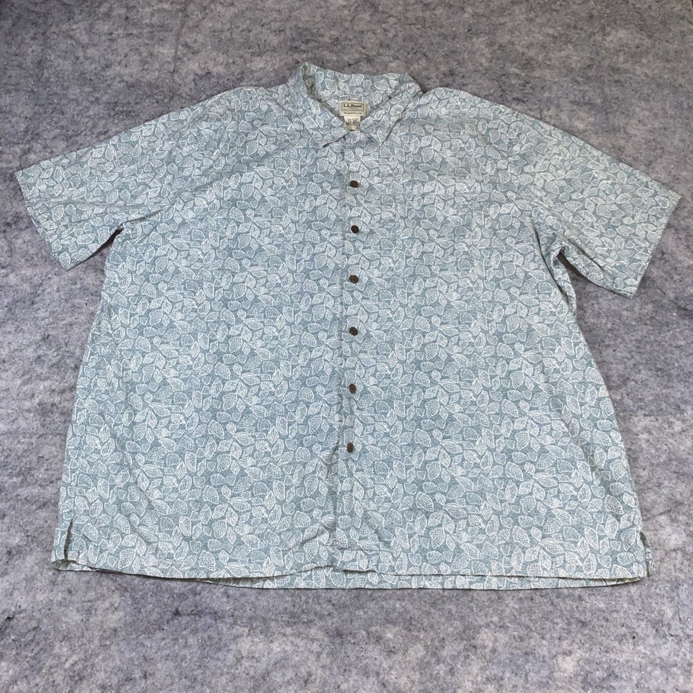 LL Bean Traditional Fit Shirt Mens 2XL Green Button Up Hawaiian Seashells Pocket